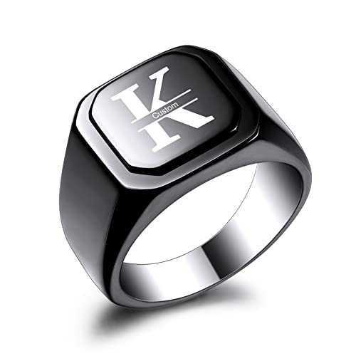 Initial Ring Letter Signet Ring for Men Women Personalized Name Engraved Stainless Steel Fashion Jewelry Wedding Couples Father Day Gift with Ring Size Adjusters - color: B2: Black (Initial Name)