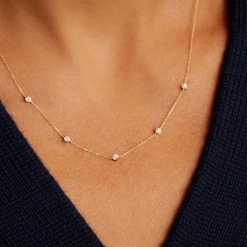 VRIUA Necklaces for Women - 14K Gold/Silver Plated Dainty Chain Necklace with Five Charms: Diamond, Bow, Snowflake, Cross, Flower, Clover, Butterfly, Heart, Star of David, and Star Trendy Jewelry - color: Gold, style: Station