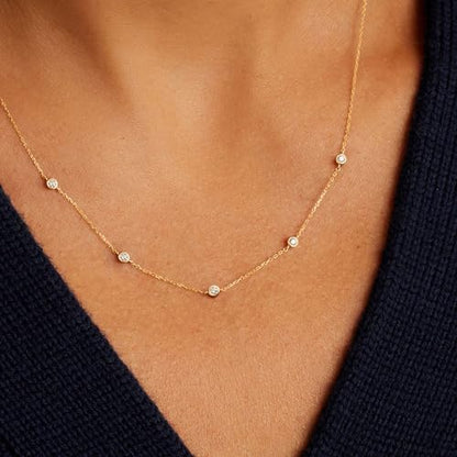 VRIUA Necklaces for Women - 14K Gold/Silver Plated Dainty Chain Necklace with Five Charms: Diamond, Bow, Snowflake, Cross, Flower, Clover, Butterfly, Heart, Star of David, and Star Trendy Jewelry - color: Gold, style: Station