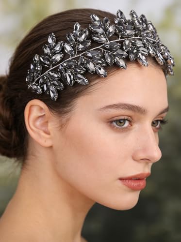 Missgrace Women Silver Green Black Red Blue Handmade Full Crystal Rhinestone Large Headband Hair Vine Shinny Headpiece Bridal Wedding Hair Accessories for Women (Grey) - color: Grey