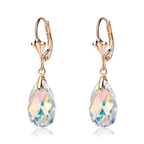 Austrian Crystal Teardrop Leverback Dangle Earrings for Women Fashion 14K Gold Plated Hypoallergenic Jewelry - color: Aurora Borealis