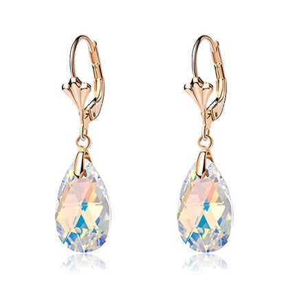 Austrian Crystal Teardrop Leverback Dangle Earrings for Women Fashion 14K Gold Plated Hypoallergenic Jewelry - color: Aurora Borealis