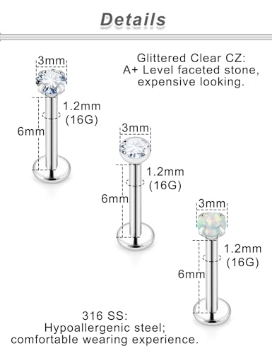 20G 18G 16G Push in Theadless Nose Rings Studs Hypoallergenic Lip Labret Jewelry Flat Back Nose Stud Stainless Steel Cartilage Helix Tragus Earrings for Women Men 6mm 7mm 8mm Bars Diamond 3mm - color: A:16G-Push in-Bar 6mm