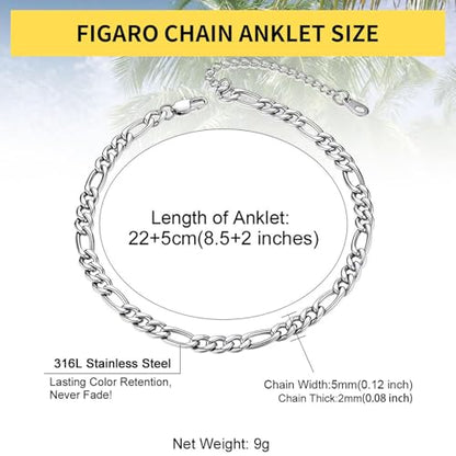 ChainsHouse Ankle Bracelets for Women, Stainless Steel Beaded Chain Ankle Bracelet, Womens Heart Anklets for Summer Beach Jewelry Gifts - color: E: figaro-5mm-stainless steel