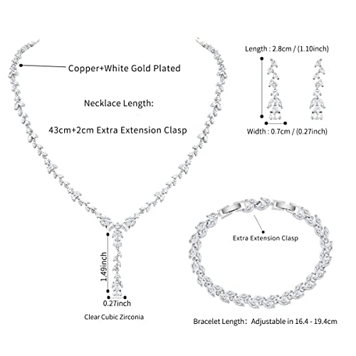 Bridal Wedding Jewelry CZ Set Marquise Teardrop Cubic Zirconia Pendant Necklace and Dangle Earring Bracelet Sets for Women - color: White Gold - 03