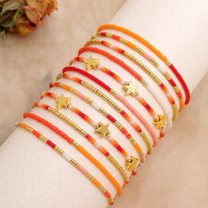 Gold Seed Beaded Bracelets Set for Women, Boho Handmade Friendship Stretch Summer Beach Jewelry Gift. - color: Fall Orange
