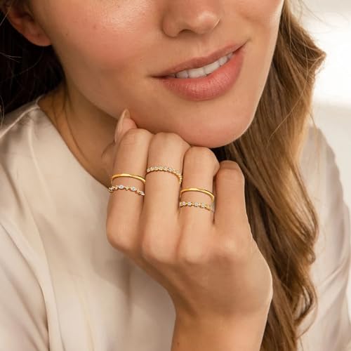 YEEZII Gold Rings for Women Non Tarnish, 14k Gold Plated Stacking Cubic Zirconia Thumb Rings, Dainty Stackable Gold Knuckle Rings Set Size 6-10 (Gold-A, 6.75-7)