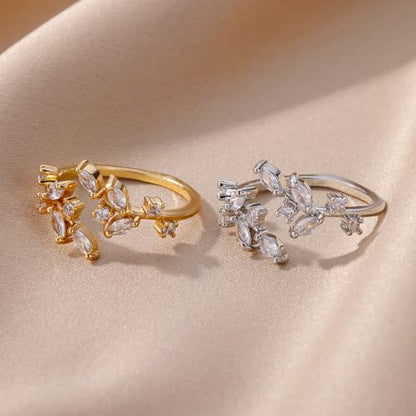 Gold Rings Non Tarnish Silver Adjustable Rings for Women Cubic Zirconia Leaf Ring Dainty Silver Stackable Ring for Women - style: gold