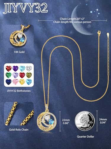 14K Gold Moon and Star Double Birthstone Necklace Gifts for Women | 2 Heart Birthstone Necklace,Mothers Day Wedding Anniversary Birthday Gifts for Wife Mom Daughter Grandma Sister - color: 04-12-Apr-Dec Birthstone