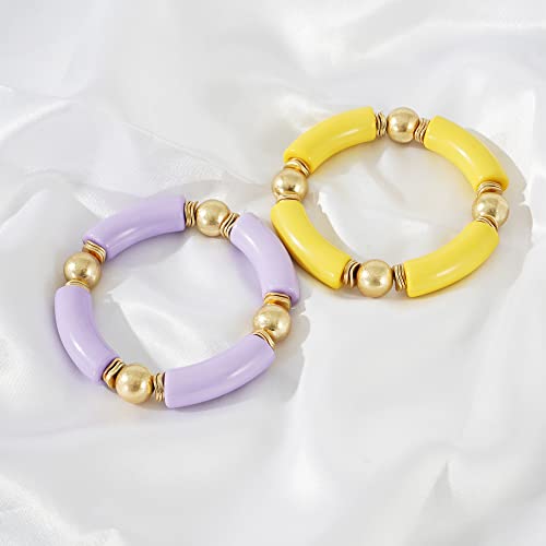 LALAPPLE Gold Plated Beaded Acrylic Bamboo Tube Bangle Bracelets for Women, Colorful Chunky Curved Tube With Gold Plated Pieces Beads Stretch Bracelet Friendship Summer Beach Jewelry - color: V-Yellow&Light purple 2pcs