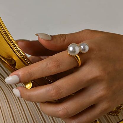Hisatan Double Simulated Pearl Wrap Ring: gold plated Stainless Steel Large Statement Ring for Women - color: Gold-Size 9