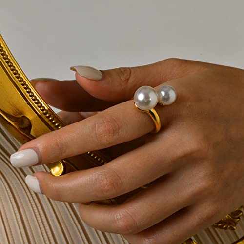 Hisatan Double Simulated Pearl Wrap Ring: gold plated Stainless Steel Large Statement Ring for Women - color: Gold-Size 7