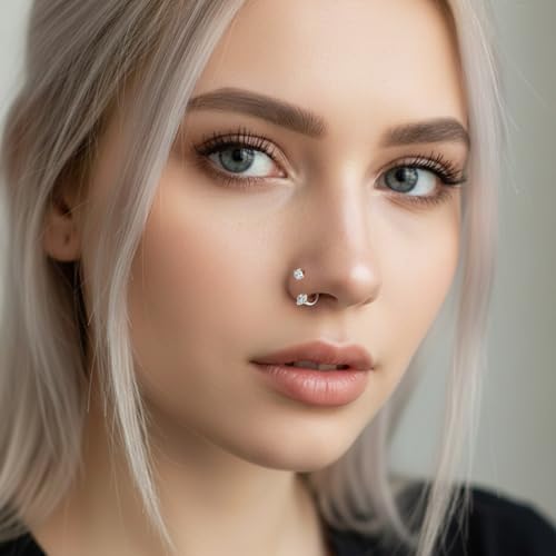 G23 Titanium Horseshoe Nose Ring 20G, 2 Pcs Double Gem Nose Ring for Women, 6mm 7mm 8mm Hypoallergenic Horseshoe Nose Rings Helix Tragus Earring Hoops Labret Lip Piercing Jewelry Small Septum Rings - color: 20G-8mm-2Pcs Silver-White & AB CZ