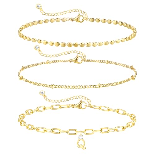 ZHESHY Gold Initial Bracelets for Women Dainty Letter A-Z Charm Bracelets Non Tarnish 14K Gold Plated Stackable Layered Paperclip Link Chain Bracelets Stack Set Personalized Gifts Womens Jewelry - color: Gold Q