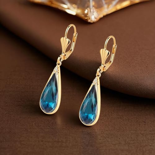 Teardrop Austrian Crystal Leverback Dangle Drop Earrings for Women | 14K Gold Plated,Classic Teardrop Elegance,Leverback for Easy Secure Wear,Gift Box Included, Brighten Up Daily and Party Looks - color: Dark Blue