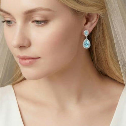 Mariell Cubic Zirconia Crystal Teardrop Dangle Bridal and Wedding Earrings, CZ Jewelry for Brides, Bridesmaids, Homecoming, Prom and Dressy Everyday Wear - color: Silver-Blue Cubic Zirconia