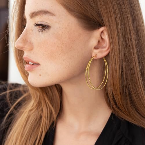 Large Thin Double Hoop Earrings for Women Lightweight Hypoallergenic 925 Sterling Silver Post 14K Gold Hoops Non Tarnish Sturdy Big Thin Double Layered Hoop Earrings 30/40/50/60mm - color: Gold, size: 60mm