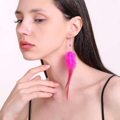 RUOFFETA Long Feather Earrings for Women, Boho Bohemian Earrings Multicolor Tassel Handmade Feather Earrings for Women Dangling - style: M-Hot Pink