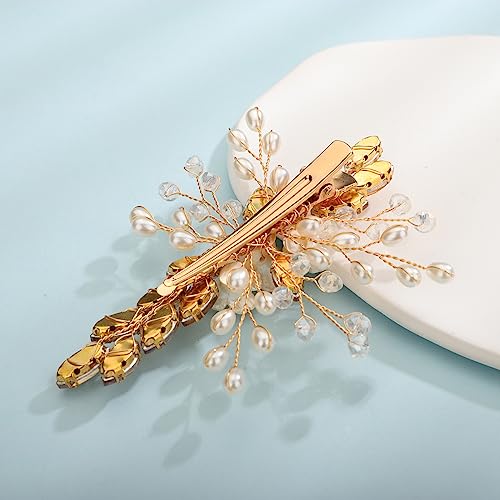 Xerling Champagne Rhinestones Crystal Flower Hair Barrettes Clip Boho Bridal Pearl Hair Jewelry Accessories for Women Wedding Floral Headpieces (Champagne) - color: Champagne