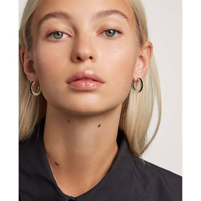 Trendy 14K Gold Plated Hoop Earrings for Women, Chunky Gold/Silver Earrings for Women Cubic Zirconia Baguette Hoop Earrings Heart Hoops Lightweight Hypoallergenic Jewelry,25mm/35mm/40mm/50mm - color: 01 Gold Black CZ Hoops 25mm