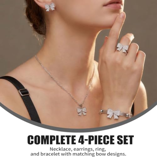 1 Set 4 Pcs Bow Jewelry Set Silver-tone Rhinestone Adjustable Bow Necklace, Earrings, Bracelet, Ring for Women, Party, Daily - color: Sliver