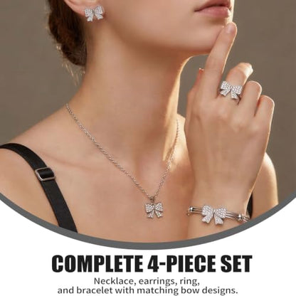 1 Set 4 Pcs Bow Jewelry Set Silver-tone Rhinestone Adjustable Bow Necklace, Earrings, Bracelet, Ring for Women, Party, Daily - color: Sliver