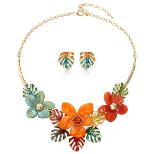 Vintage Statement Jewelry Set - Chunky Flower Floral Plant Geometric Resin Bib Necklace Earring Set Bohemian Boho Crystal Rhinestone Fashion Jewelry for Women Bridal Party Prom Unique Gift - style: MLJS2607