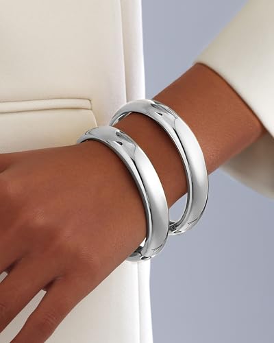 2pcs Gold Bangle Bracelets for Women, Trendy Hinged Cuff Open Wide Chunky Gold Bracelet Stack Arm Cuff Jewelry for Women - color: H-Silver Bangle
