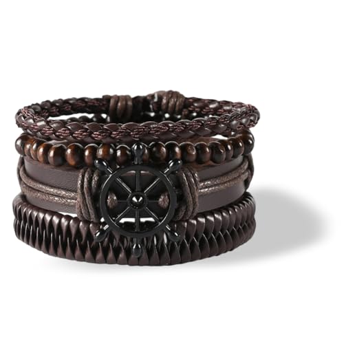 GORGECRAFT Handmade PU Leather Bracelets Flat Round Braided Cuff Bangle Multi Layers Wood Beads Wrap Bracelet - style: Brown Anchor Weave
