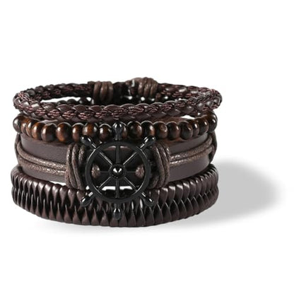 GORGECRAFT Handmade PU Leather Bracelets Flat Round Braided Cuff Bangle Multi Layers Wood Beads Wrap Bracelet - style: Brown Anchor Weave