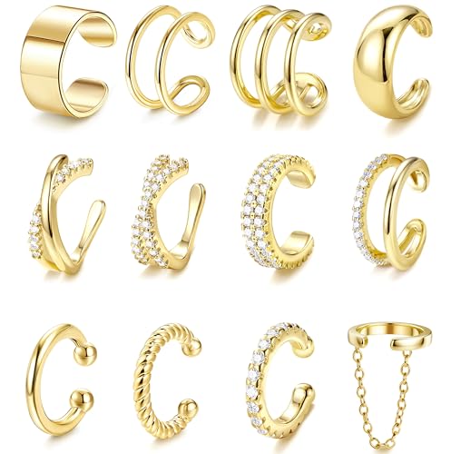 LOLIAS 12Pcs Ear Cuffs Non Piercing - 14K Gold Plated Ear Cuff Earrings for Women Adjustable Earring Cuffs for Non Pierced Ears Clip on Cartilage Earring Fake Earrings Set - color: 14K Gold Plated