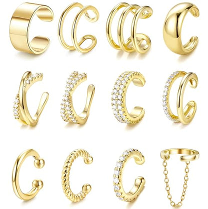 LOLIAS 12Pcs Ear Cuffs Non Piercing - 14K Gold Plated Ear Cuff Earrings for Women Adjustable Earring Cuffs for Non Pierced Ears Clip on Cartilage Earring Fake Earrings Set - color: 14K Gold Plated