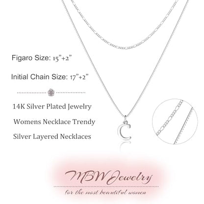 MBW Dainty Silver Layered Initial A-Z Pendant Necklaces for Women Thin | Simple Waterproof 925 Silver Plated Necklace Figaro Choker Monogram Name Jewelry Set Personalized - color: Silver InitIal NK-C