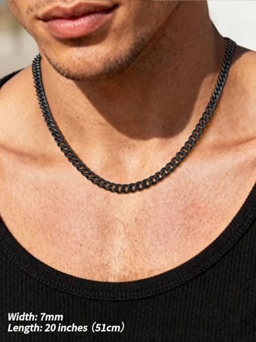 FindChic Men Curb Chain Necklace 18K Gold Plated/Stainless Steel/Black Chunky Double Tight Cuban Link Hip Hop Neck Chains for Men Boys 3.5MM/5MM/6MM/7MM/9MM/12MM 14''-30'' 8 Length Options (Send Gift Box) - color: A.7mm Width-Black, size: 22 inches