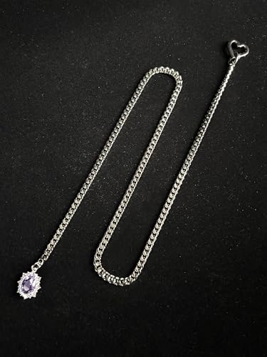 Women's Heart O-Ring Slip Chain Necklace, Double Layered Adjustable 39'' Cuban Chain with Detachable Heart Clasp and Colorful Rhinestone Pendant - color: 25'' Silver-Amethyst Purple