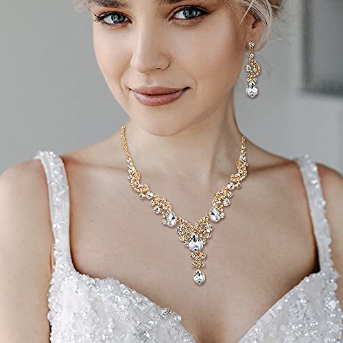 EVER FAITH Rhinestone Crystal Bridal Floral Wave Teardrop Necklace Earrings Set - color: 2pcs_Clear Gold-Plated-Base