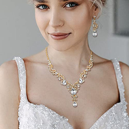 EVER FAITH Rhinestone Crystal Bridal Floral Wave Teardrop Necklace Earrings Set - color: 2pcs_Clear Gold-Plated-Base