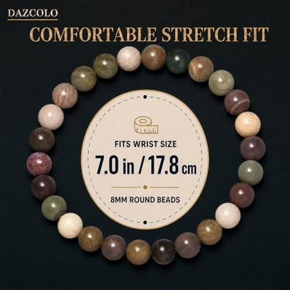 8mm Natural Crystal Stretch Bracelet | Handmade Round Stone Bead Bracelet, Runs Large, Meditation Yoga Gift for Women & Men - color: Indian Agate