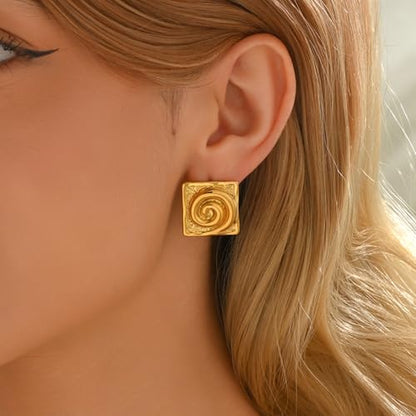 Chunky Stud Earrings for Women 18K Gold Plated Large Square Rectangle Geometric Round Swirl Stud Earrings Trendy Irregular Hammered Statement Earrings - color: Square Swirl-Gold