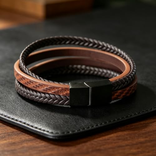Italian Handmade Leather Bracelets for Men - color: Brown Black Set, size: 8.2"