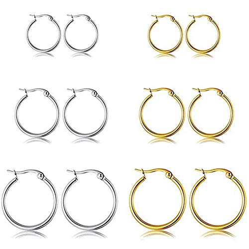 5-10 Pairs Small Gold Silver Hoop Earrings for Women, Stainless Steel Earrings Set Mens Lightweight Thin Hypoallergenic Small Hoops Set - style: 6pcs-Gold+Silver