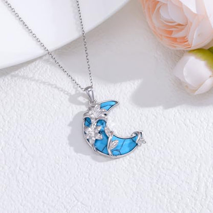 925 Sterling Silver Turquoise Moon Pendant Necklace for Women, Snake/Flower/Bow/Tree of Life/Star Moon Necklace, Dainty Jewelry for Daily Wear & Gifts - style: Style 4