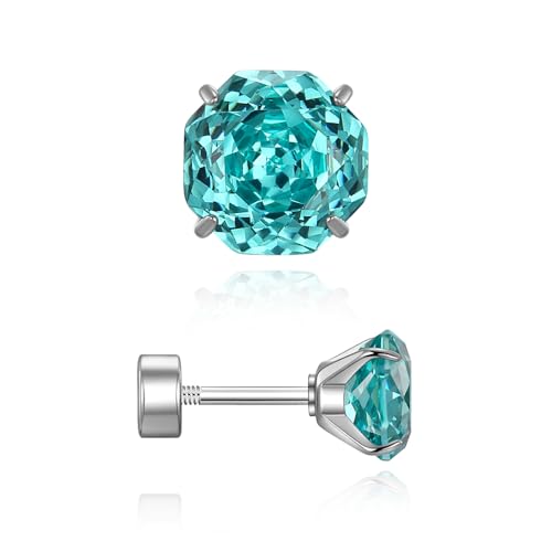 Zircon Flat Back Screw Hypoallergenic Surgical Steel Stud Earrings - color: Paraiba Green, size: 1ct - 0.24 Inch (6mm), None Gift Box