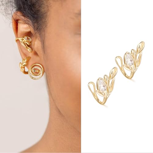 Women Ear Cuff Earring Gold Non Pierced Ear Cartilage Clip on Wrap Hoop 14K Gold Filled Tiny Boho Beach Simple Minimalist Delicate Handmade Hypoallergenic Jewelry Gift-Sold as Single/Pair - style: Tulip Flower / Pair
