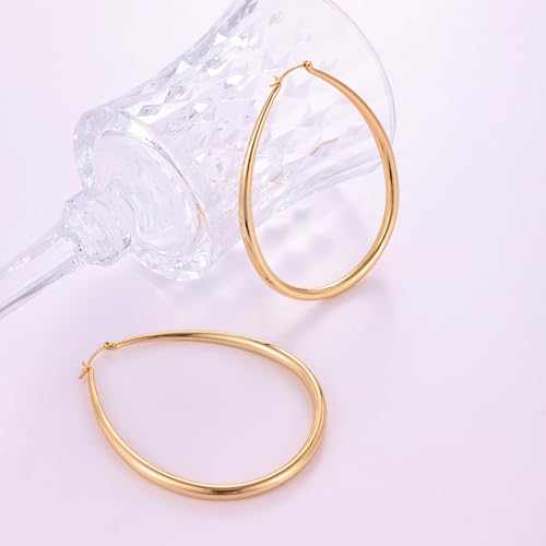 Gacimy Chunky Hoop Earrings for Women, 14K Gold Plated Oval Hoop Earrings with 925 Sterling Silver Post - color: Gold, size: 70mm