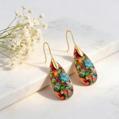 Boho Natural Imperial Jasper Teardrop Dangle Earrings for Women – Hypoallergenic French Hook Stone Drop Earrings Jewelry - color: Colorful Golden Hook #3