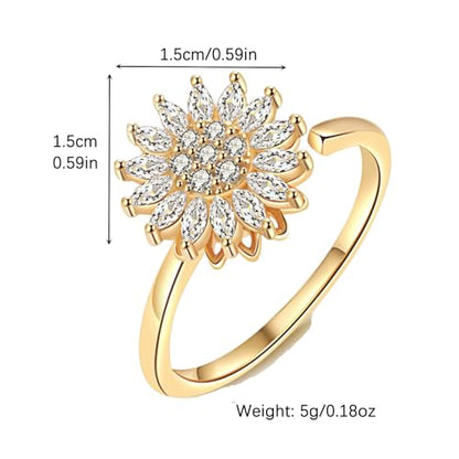 Sunflower Fidget Ring for Women Gold Anxiety Crystal Rings Cubic Zirconia Sunflower Open Adjustable Fidget Ring Spinner Sun Ring for Men Trendy Jewelry - color: Sunflower Gold