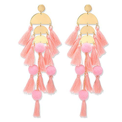 Long Tassel Earrings for Women Colorful Fringe Drop Dangle Earrings Bohemian Hawaiian Summer Beach Jewelry for Womens Vacation Outfits - color: Blush Pink