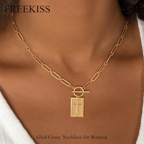 Freekiss 3-Piece Layered Toggle Necklace for Women | Gold/Silver necklace set with herringbone, rope, and paperclip chains plus a toggle clasp for layering, parties, and gifts - color: Gold Cross Necklace