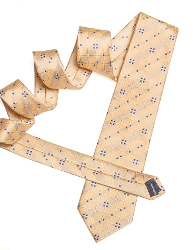 YOHOWA Men Plaid/Striped Ties Clip Set Silk Necktie Pocket Square Cufflinks | Woven Classic,Formal/Casual Mens Tie,Pocket Square Cufflinks Set,Luxury,Business,Wedding,Party,Prom,Graduation - color: Champagne